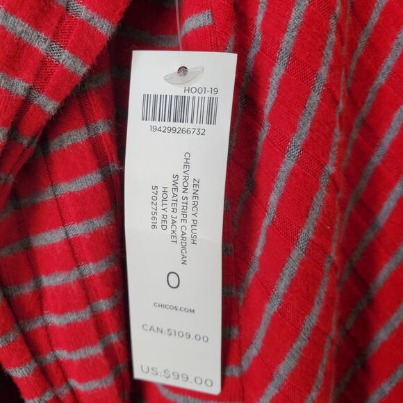 Chicos Red Gray Stripe Longline Cardigan Set 0 S Classic Holiday Career NEW - Picture 4 of 14